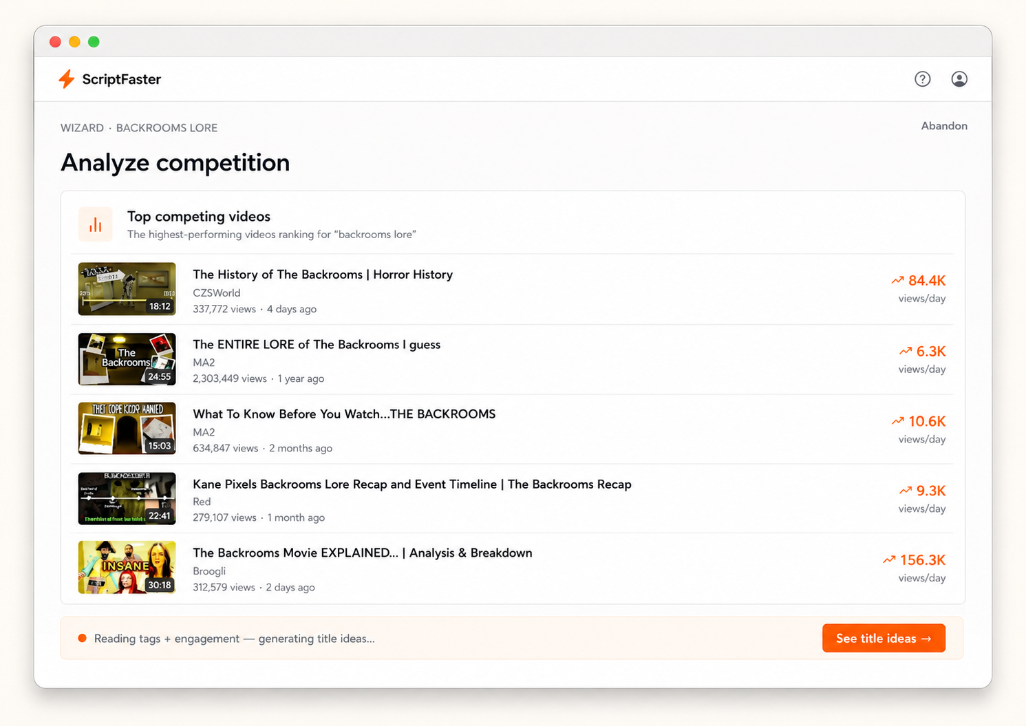 Wizard step 1: top competing videos ranked with views/day, while title ideas draft in the background.